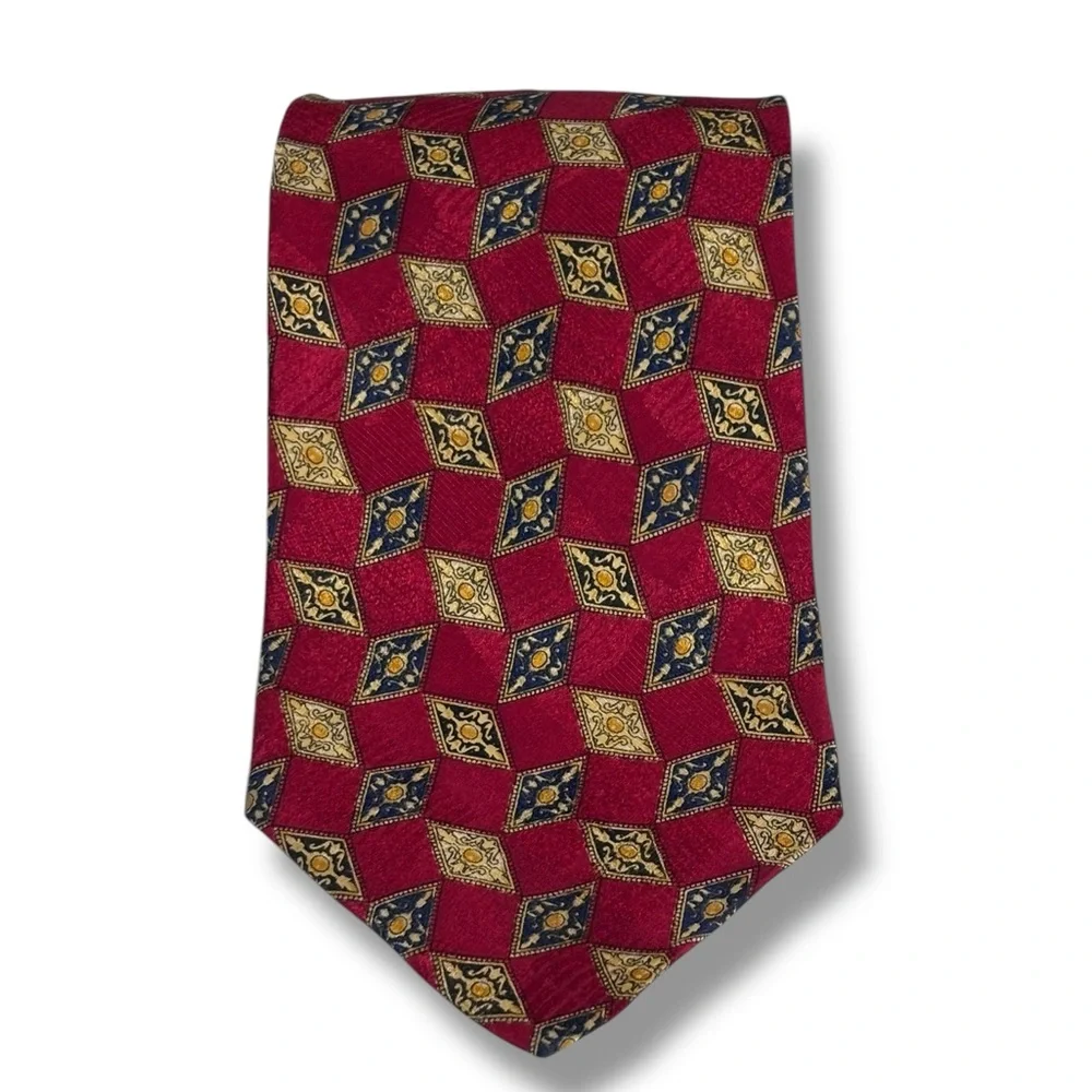 VALENTINO Red, Navy, & Gold Geometric Pattern All Silk Tie